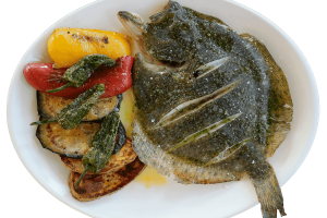 Rodaballo a la brasa con guarnición