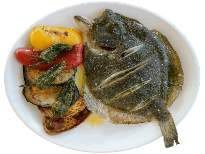 Rodaballo a la brasa con guarnición